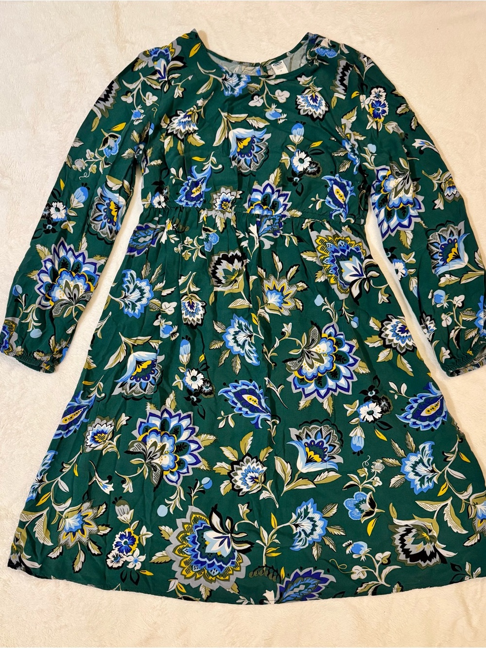 Old Navy Maternity Green Floral Long-Sleeve Dress with Blue Yellow Accents